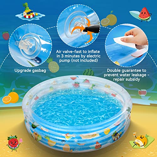 Ucradle Paddling Pools, 2023 Rectangle Inflatable Swimming Pool for Kids Baby Paddling Pool, 130 x 30 cm Deep Dive 3-Ring Fruits theme for Family, Kiddie Water Pool for Kids Indoor Outdoor