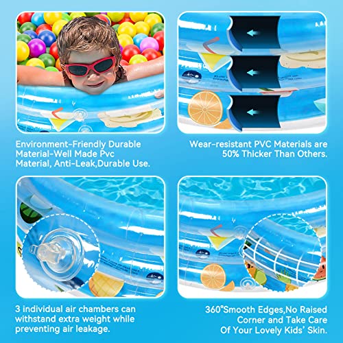 Ucradle Paddling Pools, 2023 Rectangle Inflatable Swimming Pool for Kids Baby Paddling Pool, 130 x 30 cm Deep Dive 3-Ring Fruits theme for Family, Kiddie Water Pool for Kids Indoor Outdoor