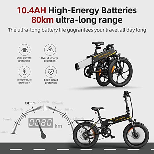 With mounted rear frame ADO A20 XE Electric bicycles 20 inch adult electric folding e bike, 250W motor/36V/10.4Ah battery/25 km/h, black