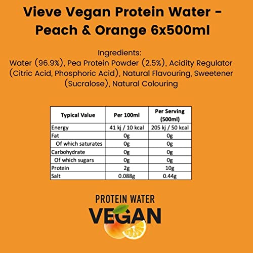 Vieve Vegan Protein Water - 10g Plant-Based Pea Protein with 9 Essential Amino Acids & BCAA - Zero Sugar, Fat, Dairy - No Artificial Flavours, Colours, Preservatives - Peach & Orange, 6 x 500ml Bottle