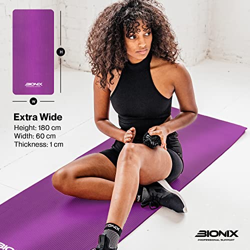 Bionix Yoga Mat for Exercise - 180cm x 60cm Extra Thick NBR Exercise Mat for Men and Women - Non Slip Gym Mat with Carry Handle Strap for Camping, Home Gym, Pilates and Gymnastic Workout - Purple