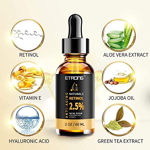 2oz Retinol Serum,ETRONG High Strength Anti-aging Serum with 2.5% Retinol,Hyaluronic Acid and Vitamin E for Face Acne (60ml)