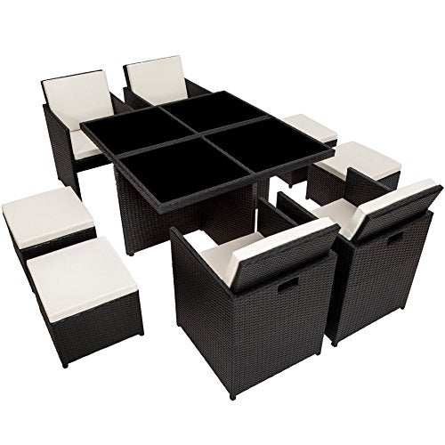 TecTake 800857 Rattan Aluminium Garden Dining Cube Set 4+4 Seats + 1 Table incl. Protection Slipcover + 2 Sets for Exchanging Upholstery, Stainless Steel Screws (Black)