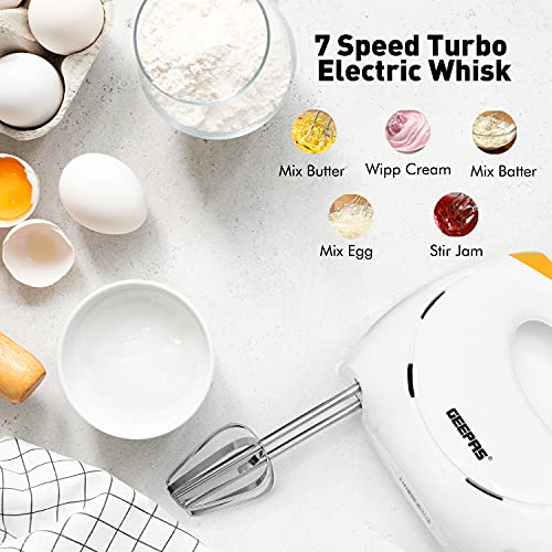 Geepas 150W Hand Mixer - Electric Whisk, Handheld Food Collection Cake Mixer for Baking - 7 Speed Turbo & Eject Button, Stainless Steel Beaters & Dough Hooks for Whipping Cream Dough Egg Beater, White