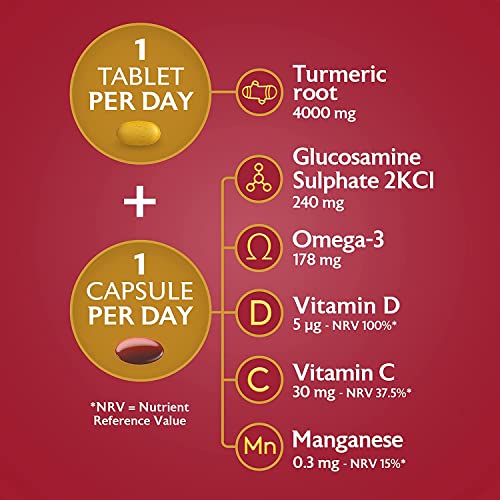 Seven Seas JointCare Supplements With Turmeric, 60 High Strength Capsules With Glucosamine, Omega-3, Vitamin D & C, EPA & DHA, Manganese & Zinc (30 day duo pack)