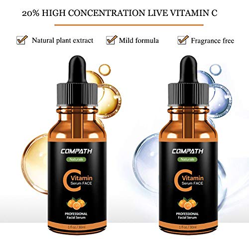 Vitamin C Serum Face, with Hyaluronic Acid, Vitamin E, Compath 20% Vitamin C Natural&Organic Serum, Restore&Boost Collagen, Anti Wrinkle, Firming, Dark Circle, Fine Line&Sun Damage Corrector (30ml)