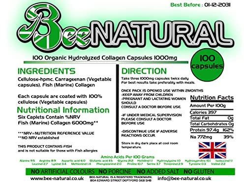 100 Hydrolyzed Collagen Capsules 1000mg Bee-natural