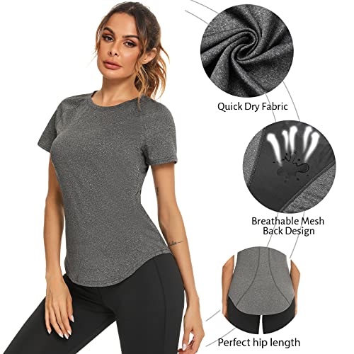 Wayleb Womens Gym Tops Ladies Sports T-Shirts, Workout Yoga Tops for Women, Basic Short Sleeve T Shirts, Summer Quick Dry Fitness Running T Shirt Loose Activewear Tops for Gym Exercise Dark Grey