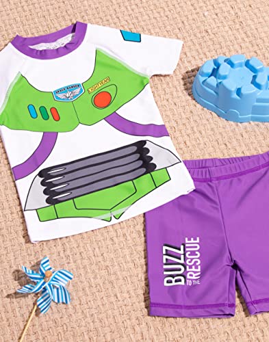 Disney Pixar Toy Story Buzz Lightyear Swimsuit for Boys | Purple Green Rescue Two-Piece Top Shorts Bathing Suit Swim Set | Kids Space Ranger Swimwear