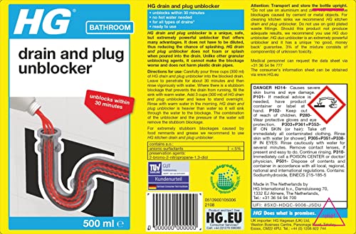 HG Plug Hole & Drain Unblocker by HG Cleaning Products, Effectively Removes Blockages & Cleans Blocked Drains Fast, Pipe Cleaner for Blocked Drain Pipes in Sinks or Shower Traps - 1 Litre (139100106)