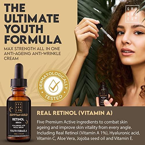 Egyptian Gold Anti Ageing (1%) Retinol Face Serum with Hyaluronic Acid, Vitamin C, Aloe Vera, Vitamin E & Jojoba Seed Oil. High Strength Skin Rejuvenating Formula Suitable for Men & Women - 50ml, UK