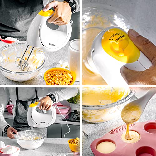 Geepas 150W Hand Mixer - Electric Whisk, Handheld Food Collection Cake Mixer for Baking - 7 Speed Turbo & Eject Button, Stainless Steel Beaters & Dough Hooks for Whipping Cream Dough Egg Beater, White