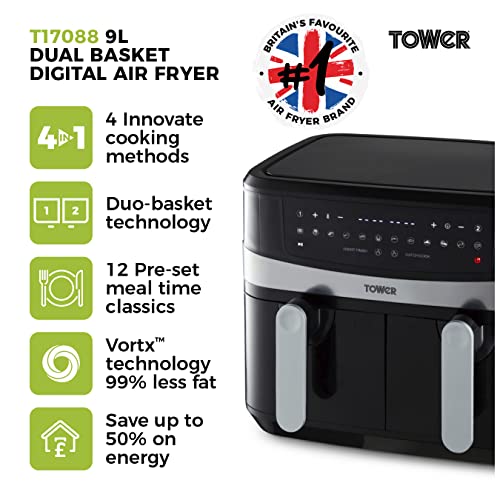 Tower T17088 Vortx 9L Duo Basket Air Fryer with Smart Finish, 2600W Power, Black