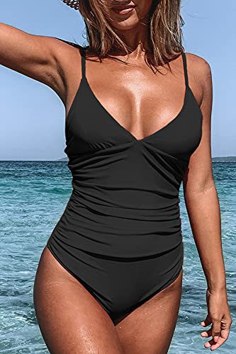 CUPSHE Women's One Piece Swimsuit Triangle Low Back Beach Swimwear Tummy Control Bathing Suit Swimming Costume Black, M