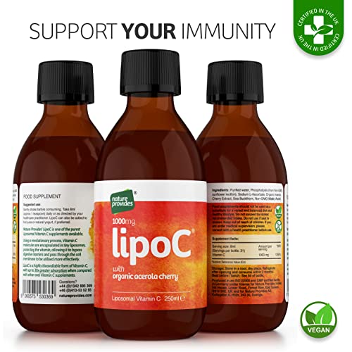 New Liposomal Vitamin C 1000mg with Organic Acerola Cherry :: LipoC for Immune System, Collagen | 1g Liquid Non-GMO Sunflower Lecithin | Natural lypo-spheric C (High Strength) 250ml