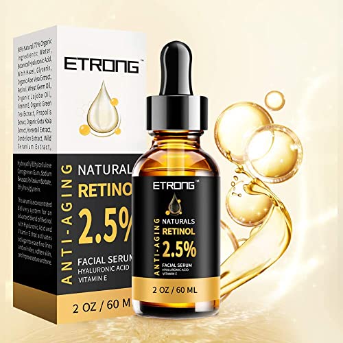 2oz Retinol Serum,ETRONG High Strength Anti-aging Serum with 2.5% Retinol,Hyaluronic Acid and Vitamin E for Face Acne (60ml)