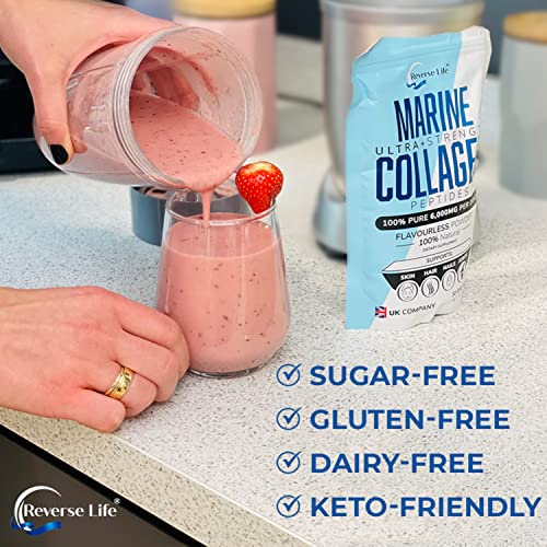 Reverse Life Marine Collagen Powder Supplement - High-Strength 6000mg Hydrolysed Marine Peptide Gluten-Free Dairy-Free & Keto-Friendly for Hair Skin Nails Joints & Gut Health, 200gms, 30 Day Supply