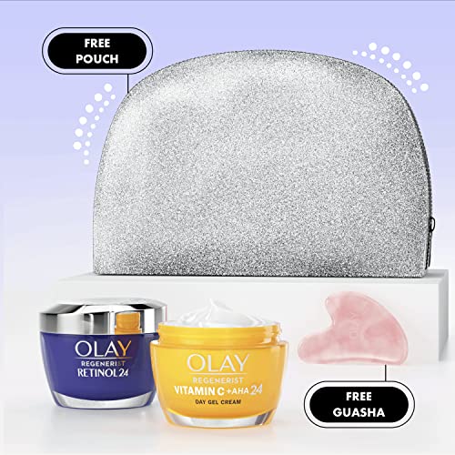 Olay Moisturiser Gift Bag, Womens Skin Care Gift Sets & Kits, Vitamin C + AHA 24 Face Cream 50ml & Retinol 24 Night Cream 50ml for Bright & Smooth Skin, Free Make Up Bag & Gua Sha