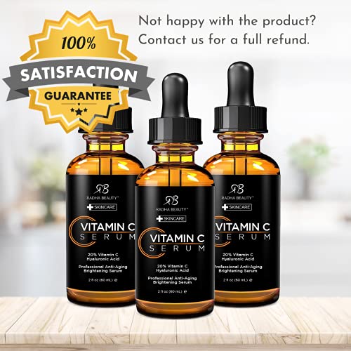 Radha Beauty Natural Vitamin C Serum for Face, 60mL - 20% Organic Vitamin C + Vitamin E + Hyaluronic Acid, Facial Serum for Anti-Aging, Wrinkles, and Fine Lines