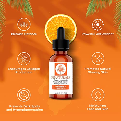 OZNaturals Vitamin C Serum for Face: Vitamin C Facial and Under Eye Serum with Hyaluronic Acid - Wrinkle Remover Serum to Even and Tone Skin - Anti Aging and Brightening Skin Care Serums - 1 Fl Oz