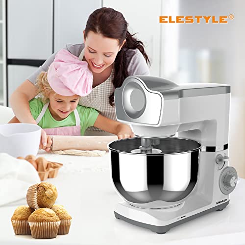 ELESTYLE Stand Mixer, 6L Food Mixer, 1500W, 6 Speeds with Pulse Kitchen Electric Mixer, Tilt-Head Cake Mixer with Stainless Steel Bowl, Dough Hook, Whisk, Beater, Low Noise (White)