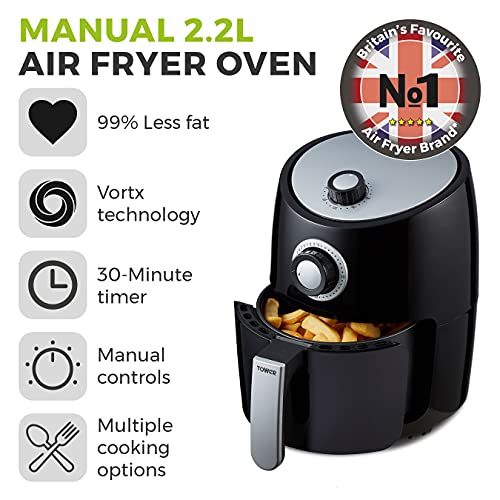 Tower T17023 Vortx Manual Air Fryer Oven with Rapid Air Circulation and 30 Min Timer, 2.2 Litre, Black