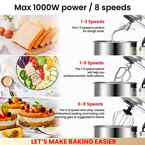 Stand Mixer, Hauswirt LCD Food Mixers for Baking, 8+P Speeds Electric Kitchen Cake Mixer with 5L Bowl, Dough Hook, Beater & Whisk, Optional Accessories for Grinder | Pasta Maker-1000W, White