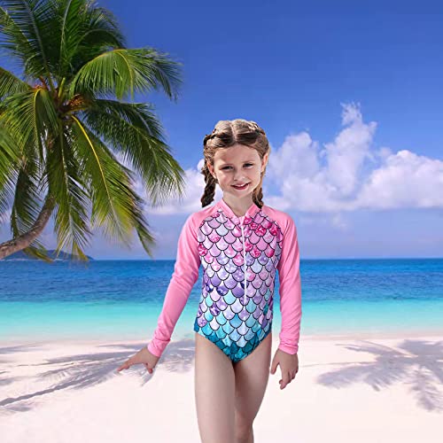 OFIMAN Girls Swimming Costume One Piece Swimsuits Kids Swimwear Long Sleeve Bathing Suit Rash Guard Beach Wear (Mermaid, 5-6T)