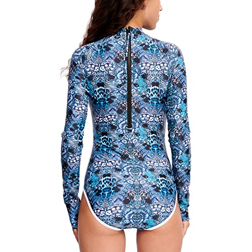 HUGE SPORTS Women One Piece Rash Guard Swimsuit Long Sleeve Sun Protection Back Zip Surfing Bathing Suit Blue M