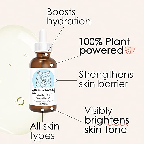 BeBarefaced Vitamin C & E Face Oil Face Serum Moisturiser - Skin Care Facial Oil Vitamin E Oil with Hyaluronic Acid, Rosehip Oil for Face and Grapeseed Oil - Anti Aging Skin Brightening Collagen Serum