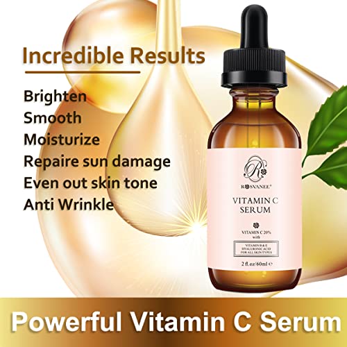 ROSVANEE Vitamin C Serum for Face and Eyes 60ml - Pure Facial Brightening Serum with 20% Vitamin C, Hyaluronic Acid, Vitamin B & E for Anti-Aging, Acne, Wrinkle, Dark Spots and Sun Damage