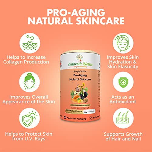 Vegan Collagen Boosting Natural Plant-Based Skincare, Vitamins for Healthy Skin with Antioxidants, Contains Vitamin D3 K2 C & E Zinc Niacin Biotin & SOD, Multivitamins for Women & Men,1 Month Supply