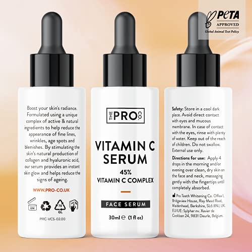 45% Vitamin C Serum for Face - Derived from Sodium Ascorbyl Phosphate - Anti Ageing, Dark Spot, Hyperpigmentation Treatment - Brightens, Hydrates Skin, Gently Exfoliates with AHA - Made by The Pro Co.