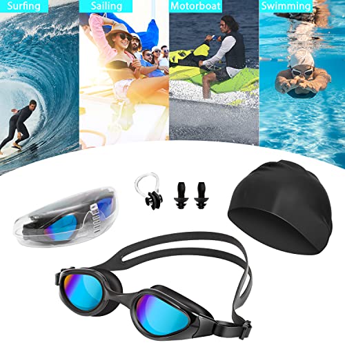 BeiHeng Swimming Goggle Set - Include Leak Free Anti Fog Swimming Goggle, High Elastic Large Silicone Swimming Cap, Soft Ear Plug and Nose Clip - 4 in 1 Swim Set for Teenagers and Adults