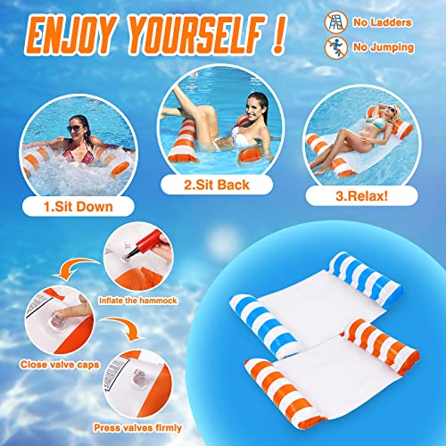 EPCHOO Inflatable Pool Floats Hammock,2 Pack 4-in-1 Inflatable Water Hammock with 2pcs Manual Air Pump,Floating Chair Bed Pool Lounger for Swimming Pool, Beach, Water Lounge Party Toys（Blue, Orange）