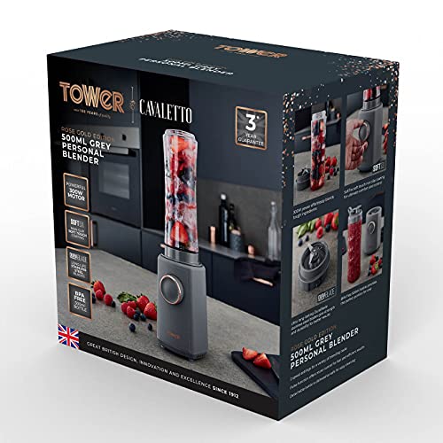 Tower T12060RGG Cavaletto Personal Blender with Tritan Smoothie Bottle, 2 Speeds, Pulse Function, 300W, Grey and Rose Gold