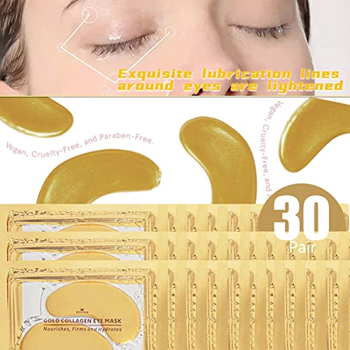 24K Gold Eye Bags Remover Masks, 30 Pairs Under Eye Patches Skincare, Natural Gel Collagen Eye Treatment Masks for Under Eye Wrinkles, Under-eye, Dark Circles, Hydrating, Puffy Eyes (30 pair)