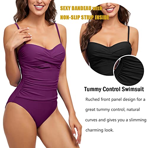 Derssity Women One Piece Swimsuit Ruched Tummy Control Swimming Costume Twist Push Up Swimwear Bandeau Bathing Suit(P,L)