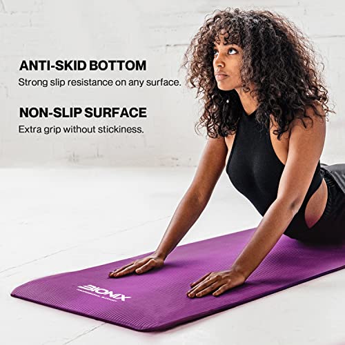 Bionix Yoga Mat for Exercise - 180cm x 60cm Extra Thick NBR Exercise Mat for Men and Women - Non Slip Gym Mat with Carry Handle Strap for Camping, Home Gym, Pilates and Gymnastic Workout - Purple