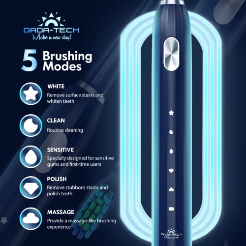 Dada-Tech Electric Toothbrush Adults and Kids, Sonic Electronic Power Rechargeable Tooth Brush with Automatic Interval Timer, Waterproof for Shower, Five Brushing Modes (Blue)