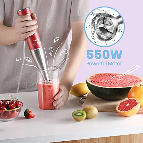 COMFEE' Immersion Hand Blender, Brushed Stainless Steel, 2-Speed, Multipurpose Stick Blender with 550 Watts, 600ml Mixing Beaker and Whisk, Perfect for Baby Food, Smoothies, Sauces and Soups, Red