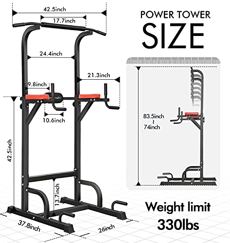 BangTong&Li Power Tower Dip Station Adjustable Pull Up & Dip Stands Multi-Function Strength Training Pull up Bar Fitness Equipment for Home Gym (Black+Red)