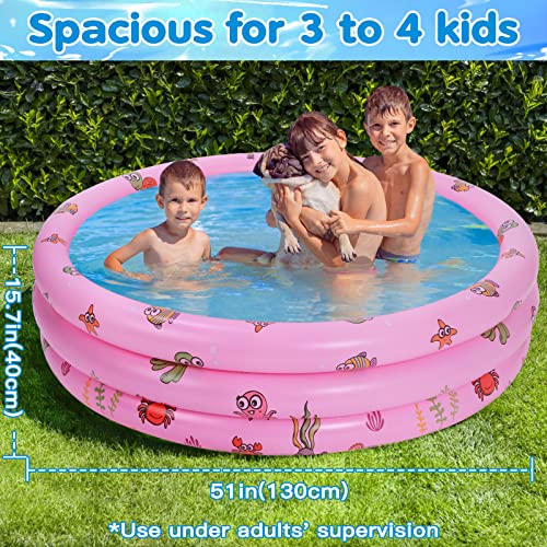 Highttoy Paddling Pools for Kids, 51 Inch Round Inflatable Baby Swimming Pool 3-Ring Portable Children Inflatable Pool Indoor&Outdoor Toddler Water Play Center Swimming Pool Toys for Girls, Pink