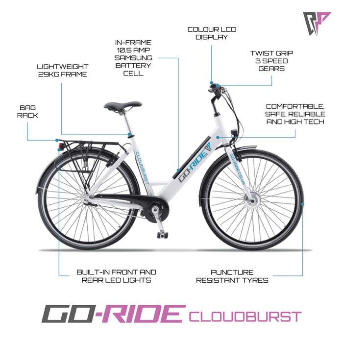 Go-Ride Electric Bikes for Adults Women - Cloudburst E Bike for Women, Accessible Step Through Frame & Built-In 10.5AH Battery | Reliable Electric Bikes for Commuting & Family Adventure, 19" Frame