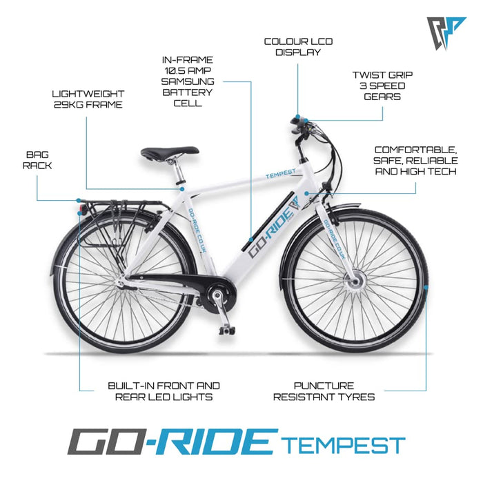 Go-Ride Electric Bike for Adults Men - Tempest E Bike, 3 Speed Gears, Colour LCD Display & Built-In 10.5AH Battery | Electric Bikes for Commuting & Riding with Family | 250W, 21inch frame