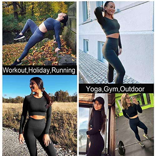 ZHENGHAO Buscando Womens Gym Sets 2 Piece Long Sleeve Workout Crop Top Tank Ribbed High Waist Seamless Leggings Tracksuits Activewear Yoga Outftis (L, Black)