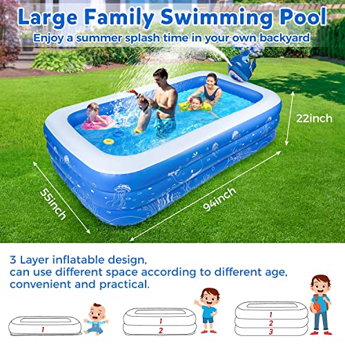 Inflatable Pool,Swimming Pool for Kids, Blow Up Kiddie Lounge Pool with Shark Sprinkler ,Outdoor Backyard Park for Kids Adults Toddlers Age 3+ Water Toys