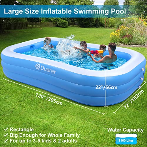 Duerer Inflatable Swimming Pools, 305cm x 182cm x 56cm Inflatable Pools, Full-Sized Family Blow up Pool for Kids Toddlers Adults, Lounge Inflatable Pool for Backyard Garden Outdoor, Easy Set