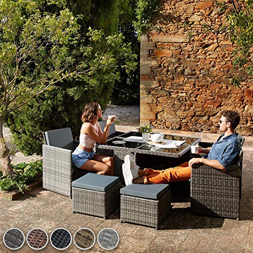 TecTake 800857 Rattan Aluminium Garden Dining Cube Set 4+4 Seats + 1 Table incl. Protection Slipcover + 2 Sets for Exchanging Upholstery, Stainless Steel Screws (Black)