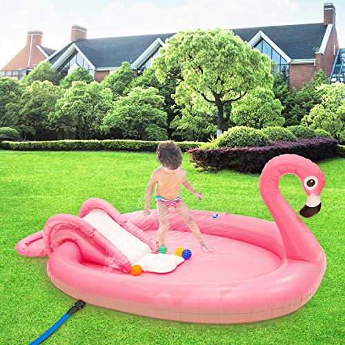 Sun Club Inflatable Flamingo Design Play Paddling Pool with Water Spray, Slide and Balls, Pink